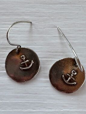 Round Anchor Charm Dangle Earrings - Two-Tone Metal